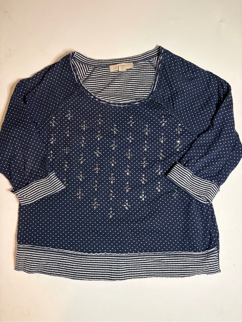 Laura Ashley Women’s 3/4 Sleeve Blue Top Rmbellished